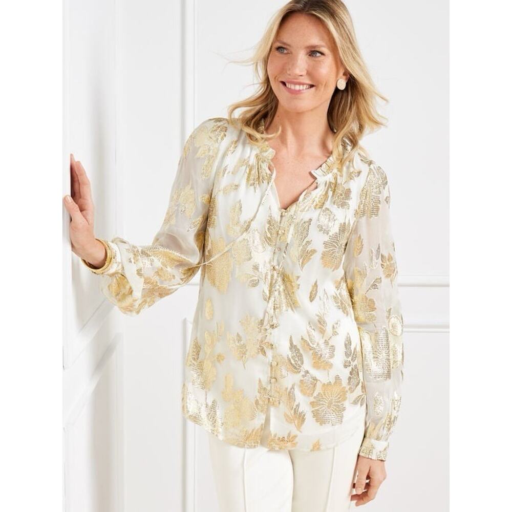 Talbots Blouse Medium Gold White Metallic Ruffle Neck Top Floral Long Sleeve M